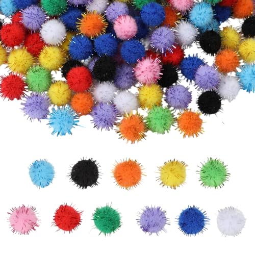 200 PCS Glitter Pom Poms Mini Pom Poms for Crafts Assorted Multicolor Soft Pompoms for DIY Decorations and Art Crafts 0.59 Inch