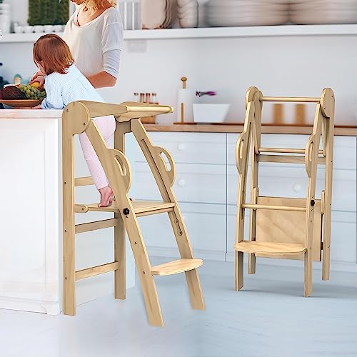 Toddler Step Stool, Folding Wooden Step Stool, Montessori Toddler Tower, Kids Step Stool Toddler...