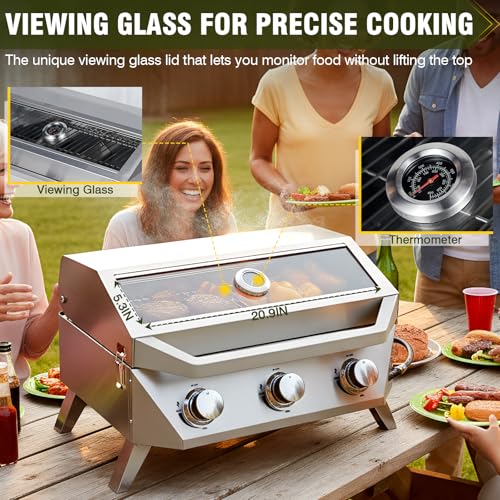 Image of BESTFIRE 3-Burner Tabletop Gas Grill with Viewing Glass, 30,000 BTU Stainless Steel Portable Propane BBQ Grill with Thermometer, Professional Outdoor Cooking for Patio, Camping, RV and Tailgating