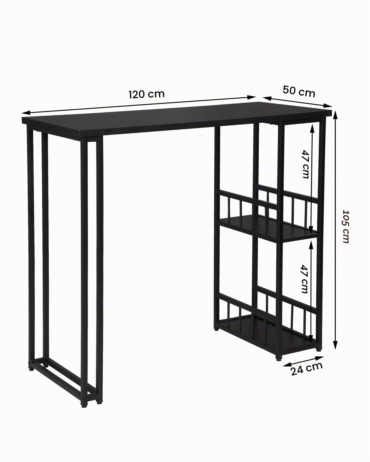 WOLTU Mesa de Bar de Bistro de Comedor con 2 Estantes, Estructura de Metal, MDF, 120x50x105cm (WxDxH) Negro BT25sz