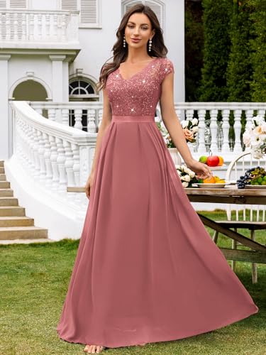 Image of Miusol Women's V-Neck Sequined Floral Lace Formal Evening Maxi Dress