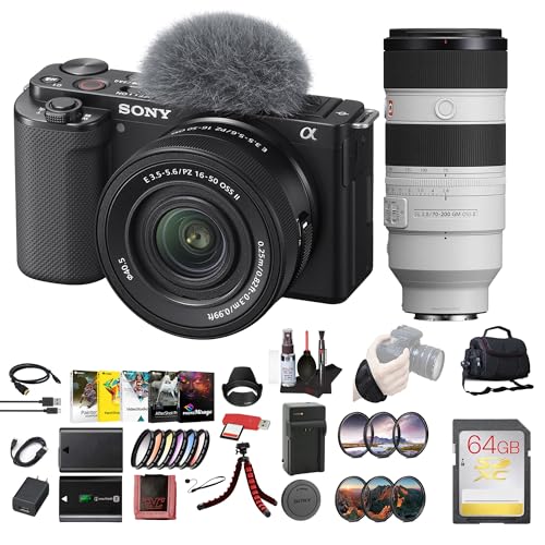 Sony ZV-E10 Mirrorless Camera Kit with 16-50mm II Power Zoom Lens (Black) | APS-C Sensor | Compact Creator Tool + Sony 18-105mm Lens + 64GB Card + Color Filter Kit + Filter Kit + More