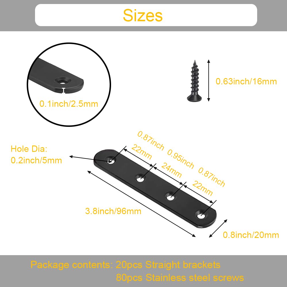 Paquete de 20 soportes rectos negros de 4 pulgadas, placas planas de acero inoxidable, soportes de unión de fijación de reparación resistentes para muebles de madera con tornillos