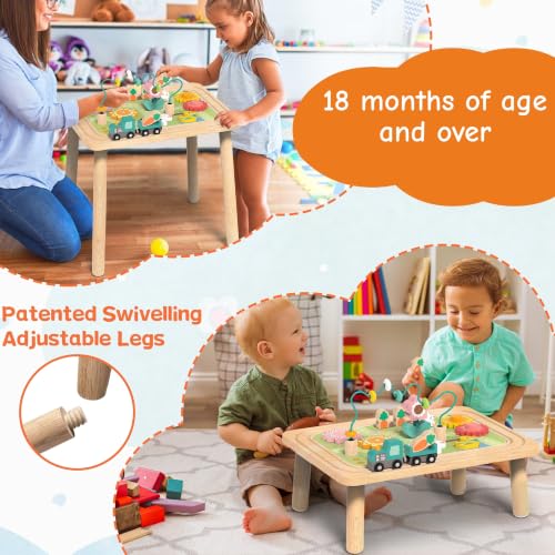 Image of Himold Activity Table for Kids 18 Months of Age and Over, 9 in 1 Wooden Montessori Toys with Bead Maze Shape Sorter Train Toy, Baby Sensory Table Toddler Toys 1st Birthday Gifts for Kids