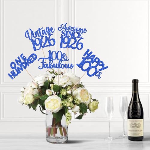 Image of 15 PCS Blue 100th Birthday Centerpiece Sticks One Hundred Happy 100th Vintage 1926 Table Flower Centerpieces Sticks Cheers to 100 Fabulous Floral Decorations for 100th Birthday Party Supplies