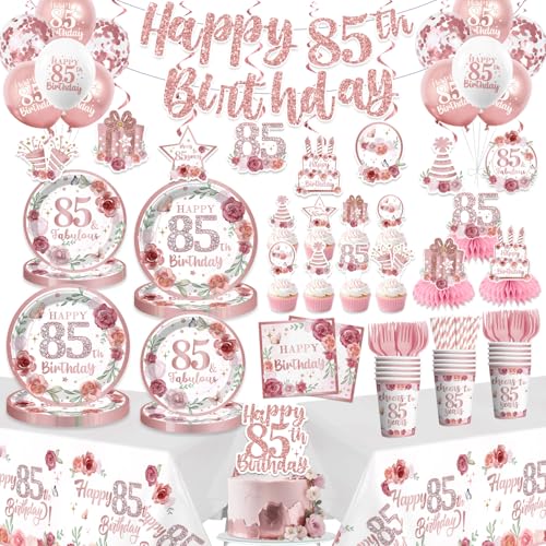 200 Pcs 85th Birthday Decorations for Women Pink Floral Happy 85th Birthday Banner Balloons Cake Toppers Plates and Napkins Set with 2 Pcs Tablecloth Cheers to 85 Years 85 Fabulous Decorations