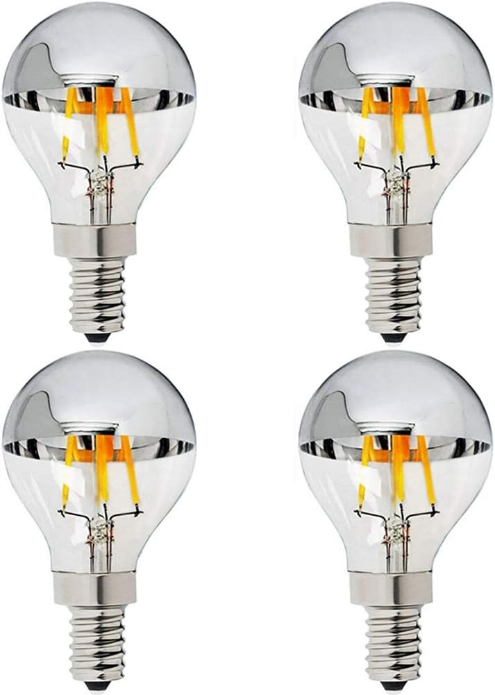 E12 G45(G14) Silver Half Chrome Light Bulb 4W Dimmable G45 Globe Mirror Reflected Light 40W Equivalent Warm White 2700K CRI 90+ 600 Lumen Silver Tipped Mirror Decorative Light Bulb,4 Pack