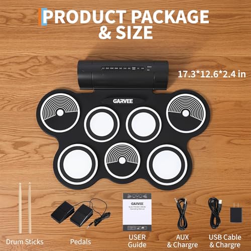 Image of Wireless Electronic Drum Set with 7 Pads, Portable Roll-Up Practice Kit for Kids & Beginners , Built-in Speaker, LED Lights, Recording & Headphone Output ,Includes Kick Pedal, Drum Sticks