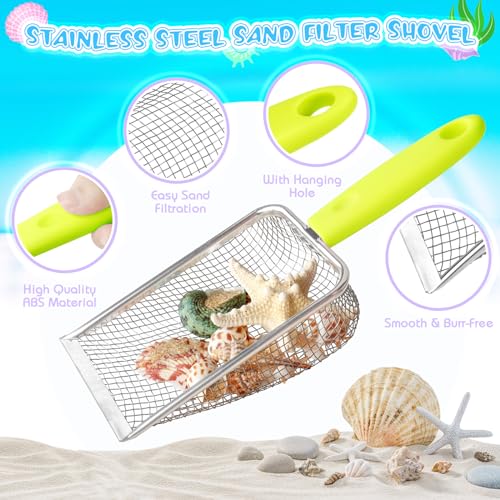 FHOZGECY Beach Toys, 8PCS Sand Toys with 2 Collapsible Beach Buckets and 2 Sand Shovels, 2 Beach Mesh Shovels with 2 Seashell Bags for Shell Collecting, Shark Tooth Sifter for Kids Adults Boys Girls - Thumbnail 3