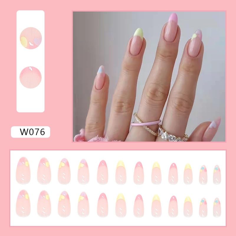 Miniatura 2 de Uñas a presión  Uñas transparentes de color macarrón con forma de almendra, comodidad supremamente ajuste y pegamento cuadrado de gel suave natural,