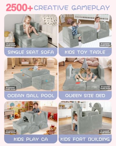 Image of YEFU 15pcs Modular Kids Play Couch,1000+ Imagination Creative Play | for kids ages 3+,7 shapes,countless configurations,30D high-density foam,fort building,washable cover, playroom,birthday gift