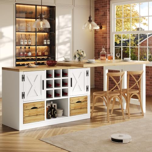 Merax Extendable Kitchen Island with Dining Table, 360° Rotating Extendable Table, Multifunctional Kitchen Cabinet with Sideboard, Drawer, Removable Wine Rack & Storage, Breakfast Bar Table, White