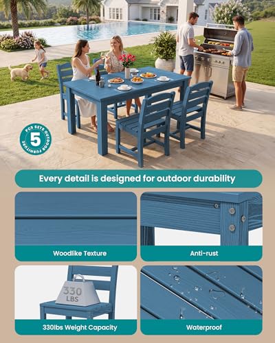 Image of SERWALL 59 inch Outdoor Dining Set for 4, w / 1 Table & 4 Armless Chairs, Blue | Armless Patio Dining Sets for All Weather Use