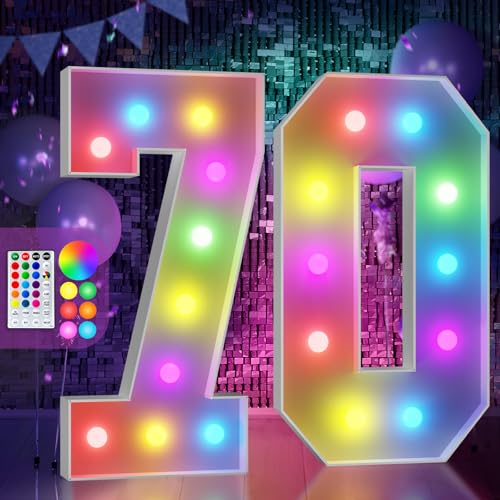 Image of Imprsv Colorful 4FT Marquee Numbers Light up Numbers 70 Birthday Decoration | RGB with Remote, Party Decorations Anniversary Wedding Decorations Assembly Required Foam Board 40 Pcs Accessory Set