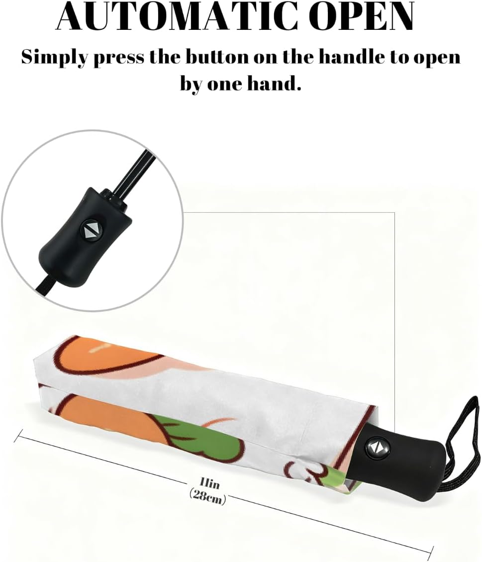 Cute Bunny Carrot Pattern Folding Umbrella Windproof Compact Lightweight Travel Umbrella with 8 Reinforced Ribs, Portable UV Sun & Rain Protection for Men & Women
