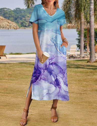 Image of Zeagoo Women Summer Floral Dress Short Sleeve Beach Dress with Pockets Casual V-Neck Split Long T-Shirt Dress Travel Vacation