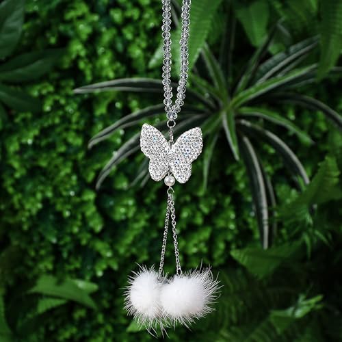 Image of Crystal Rhinestones Butterfly Car Hanging Ornament Shimmering Rearview Mirror Pendant with Fur Ball Car Charm Auto Interior Decoration Accessories, White