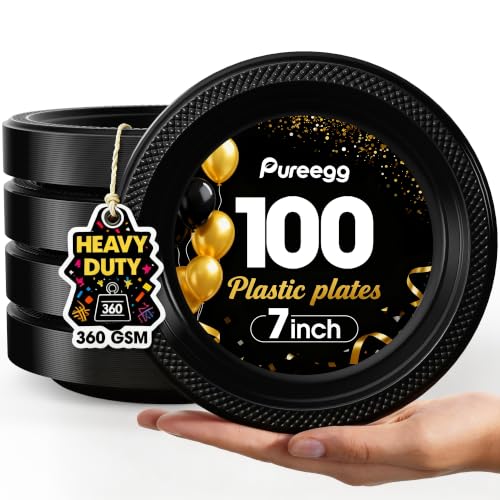 Pureegg 7-Inch Black Plastic Dessert Plates 100-Count Disposable Party Plates BPA-Free Small Salad & Cake Plates for Parties BBQ Picnic Buffet
