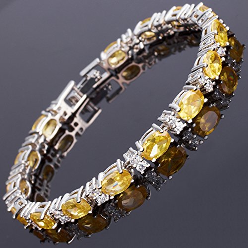 RIZILIA Oval Cut Simulated Yellow Citrine and White Cubic Zirconia 18K White gold Plated Tennis Bracelet, 7" - Image 3