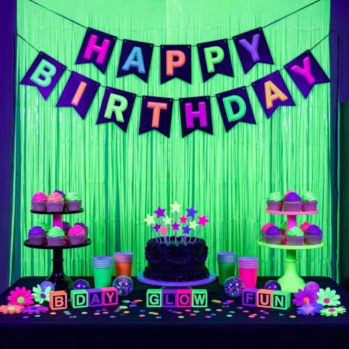 Image of TONIFUL 2Pcs Fluorescent Green Metallic Tinsel Foil Fringe Curtain Streamer | 3.3ftx6.6ft Photo Booth Backdrop Door Streamer Curtain for Black Light Glow Party Birthday Graduation Disco Decorations