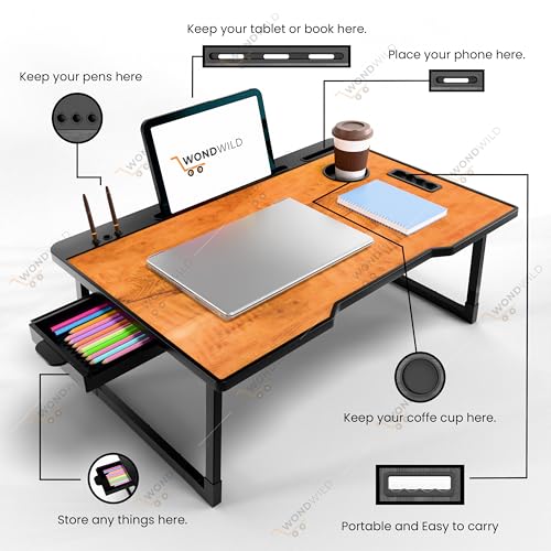 Image of WONDWILD Smart Multipurpose Foldable Laptop Table with Cup Holder, Study Table, Bed Table, Breakfast Table, Foldable and Portable /Ergonomic & Rounded Edges /Non-Slip Legs (ABS Wood)