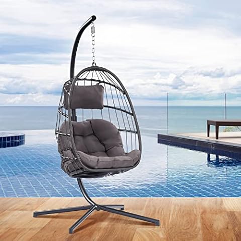 XIAO WEI Egg Chair with Stand - Patio Rattan Wicker Hanging Swing Egg Chair Hammock Chair for Indoor Outdoor Bedroom Garden - Aluminum Steel Frame and UV Resistant Cushion 350LBS Capacity (Dark Grey) Cover