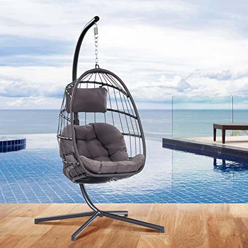 XIAO WEI Egg Chair with Stand - Patio Rattan Wicker Hanging Swing Egg Chair Hammock Chair for Indoor Outdoor Bedroom Garden - Aluminum Steel Frame and UV Resistant Cushion 350LBS Capacity (Dark Grey)