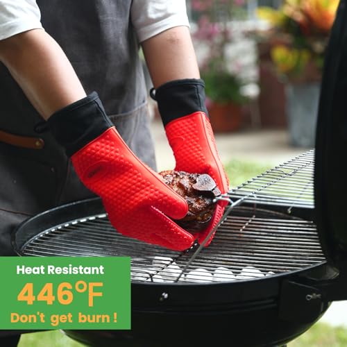 Image of GEEKHOM BBQ Gloves Heat Resistant Oven Mitts - Silicone Grilling Gloves with 13.7 inch Arm Protection - Waterproof Pot Holder Non-Slip for Men & Women, Kitchen Outdoor Cooking, Baking, Camping, Red