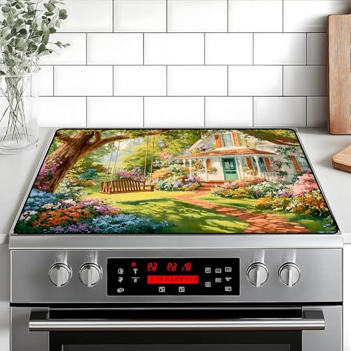 Image of Happy Easter Stove Top Cover Flower Eggs Cute Rabbit Gas Stove Top Cover for Home Decoration Kitchen St. Patrick Day Pad Non-Stick Washable Cooktop Covers Countertop Protector (house, 28 inch x 20 inch)