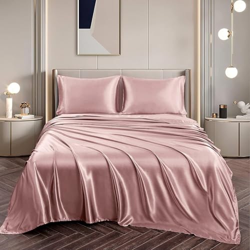 Image of elanorhomes 300TC Premium Satin King Size Bedsheet 90 * 108 inches with 2 Pillow Covers | Ideal for Summers & Winters | Valentine for Couples, Romantic Dates, Weddings (Buckingham Blush)