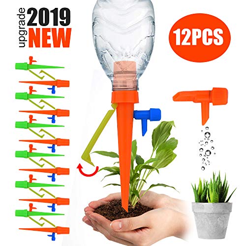 【2019 NEW 】Plant Self Watering Spikes System with Slow Release Control Valve Switch Self Irrigation Watering Drip Devices, Plant Waterer with Anti-Tilt Anti-Down Bracket, Suitable for All Bottles