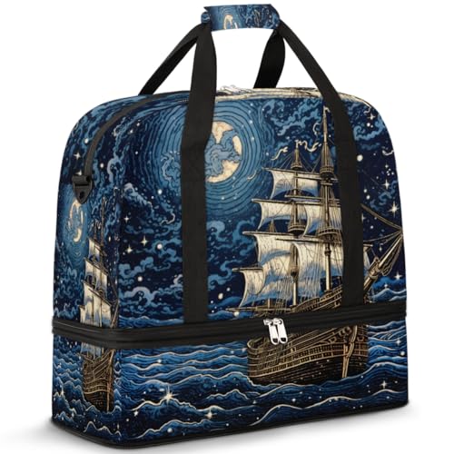 Fantasy Pirate Ship Foldable Duffle Bag with Shoes Compartment Large Capacity Waterproof Travel Weekender Bag Overnight Bag for Sports Gym