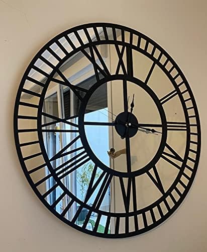 Large Mirrored Wall Clock For Home Decor - Modern Wall clock with Wood Frame Big Silent Non Ticking Clock, Living Room Decoration, Kitchen, Bedroom (23,6 Inches, Silver-Black)