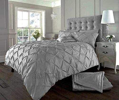 Luxury Alford Alexander Pin Tuck Pinch Pleat Duvet Quilt Cover Reversible Diamond Bedding Set With Matching Pillowcases Silver Double 200cm x 200cm Approximate