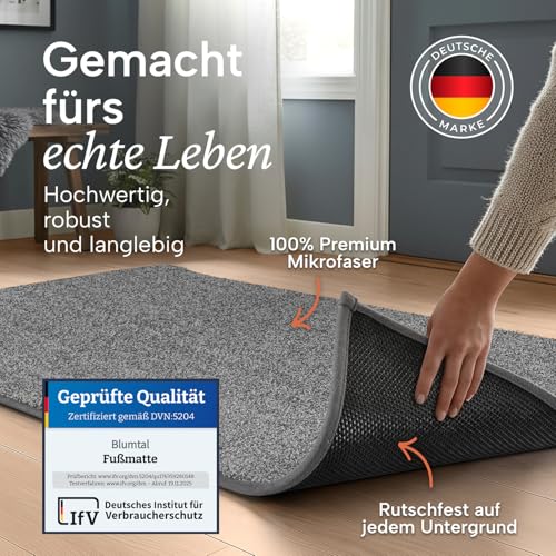 Blumtal Fußmatte 50x80 cm - Mikrofaser Schmutzfangmatte mit wasserdichter TPR-Rückseite - rutschfeste Fussmatte innen - Schmutzmatte aus Hochleistungs-Mikrofaser - Türvorleger in Grau