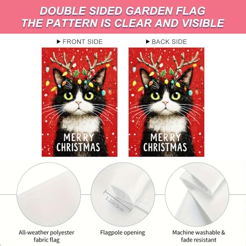 Image of BlissYard Christmas Garden Flag 12x18 Inch Welcome Cat Yard Flag Double Sided Outdoor Banner with Reindeer Antlers and Red Snow Background for Porch Lawn Patio