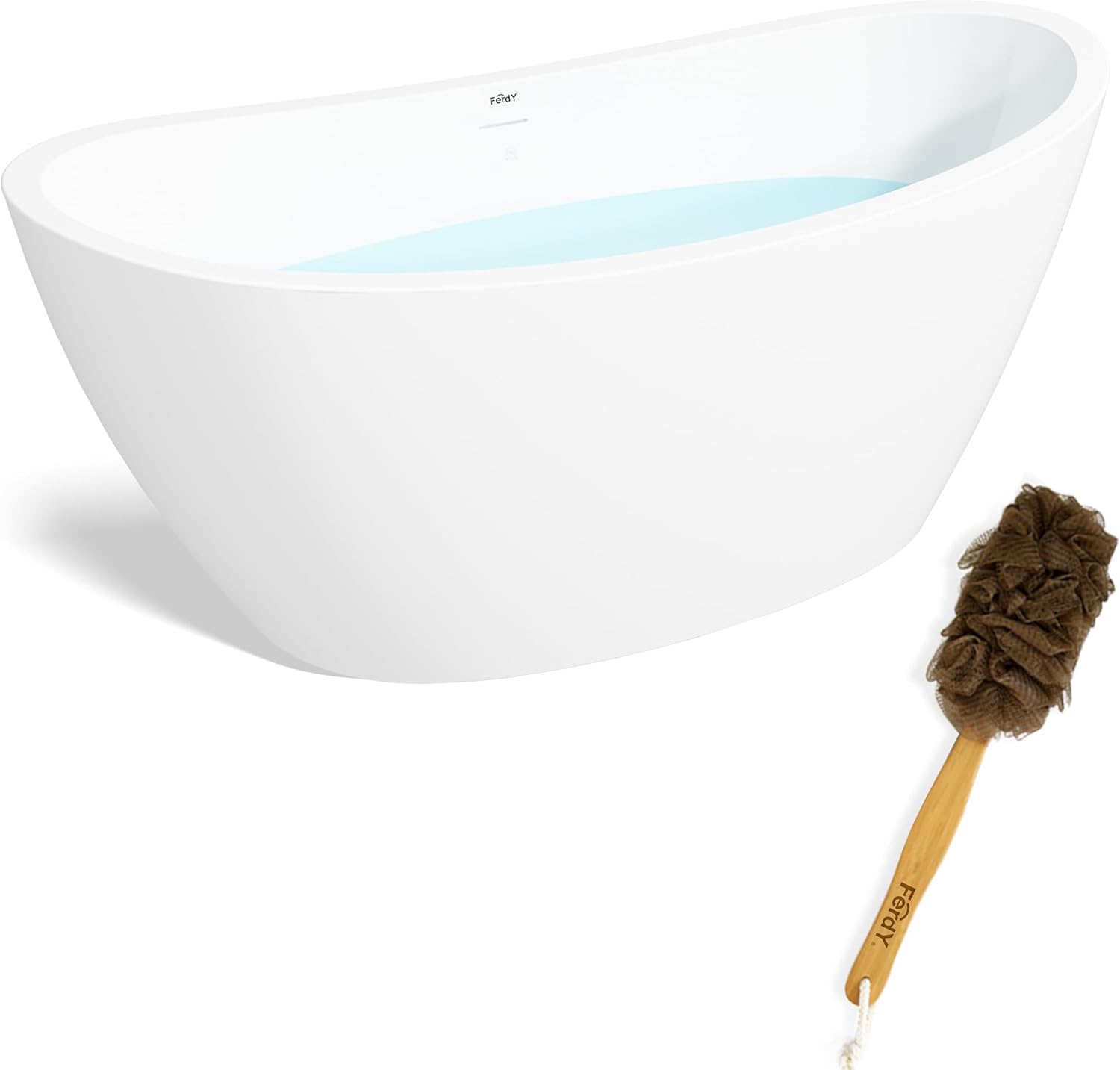 FerdY Naha 67" Freestanding Bathtub, Curve Edge Soaking Bathtub with Brushed Nickel Drain & FerdY Back Scrubber for Shower,Long Handled Loofah on a Stick, Soft PE Mesh Back Sponge for Bath, Body Brush
