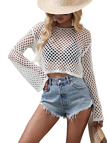 Image of Women Crochet Hollow Out Sweater See Through Fishnet Knit Pullover Cropped Tops