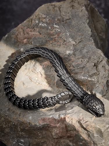 HAQUIL Viking Serpent Bracelet, Antique Oxidized Steel Ouroboros Jormungandr Link Bracelet, Viking Jewelry Gift for Men3