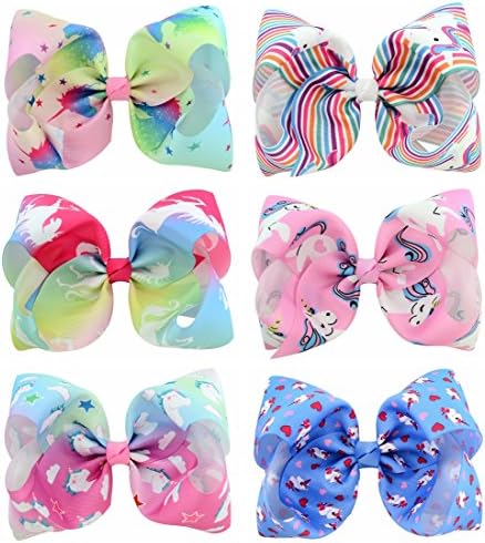YHXX YLEN 6 Pcs 8 Inch Large Unicorn Colorful Bow Hairpin Girls Bows With Clip Hair Bows (Style 2)