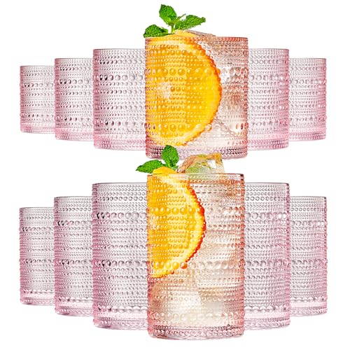 Khen Hobnail Beaded Highball Drinking Tumbler Glasses | Set of 12 | Pink Blush Color, Vintage Bubble Design Whiskey Glassware, Old-Fashioned, Embossed Design for Water, Wine, Cocktail, Rocks Glass