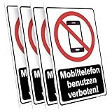 PRINTIMA 4er Set PVC Schild „MOBILTELEFON BENUTZEN VERBOTEN!“ 21x32 cm – Warnschild mit Montagematerial – Handyverbot Beschilderung für Betrieb, Werkstatt, Lager und Innenbereiche