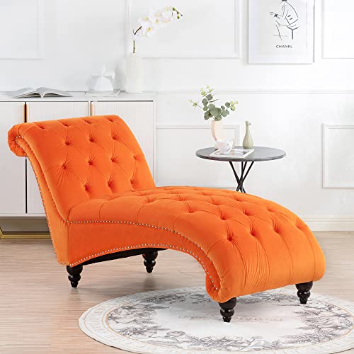 Chaise Lounge Indoor, Lounge Chair with Nailhead Trim for Bedroom, Fabric Tufted Chase Sofa Indoor, Comfortable Home Chaise Longue for Living Room Furniture Lounges(Orange) -  Belle