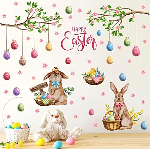 Happy Easter Wall Stickers Easter Bunny Decals for Wall Decroation Easter Eggs Tree Branch Wall Decals Peel…