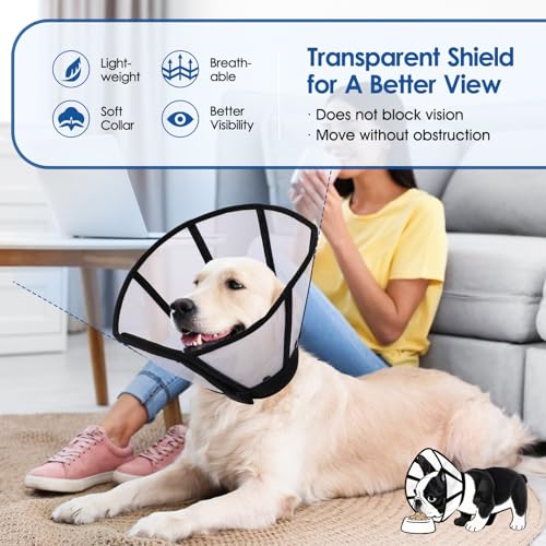 Image of Dog Cone, Soft Cone for Dogs to Stop Licking, Transparent Pet Recovery Collar with Detachable Clear Shield, Neck E-Collar Alternative for Small Breeds, Black S