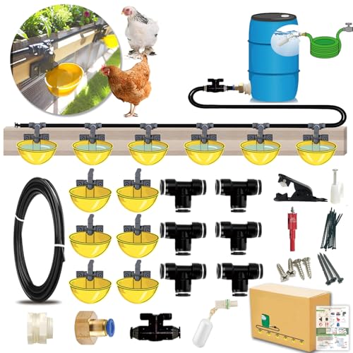 Complete Set Pipeline Automatic Chicken Waterer System Innovative Quick-Connect Water System with Large Size Water Cups Removable and Washable 18ft Pipeline and Float Valve (Yellow 6Cup)