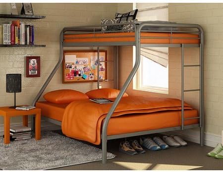 Dorel 3130096W Twin-Over-Full Metal Bunk Bed, Sturdy Metal Frame With Safety Rails on Top Bunk, Silver Color