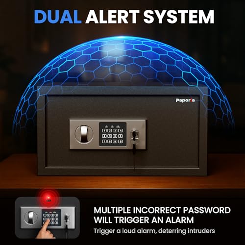 Paporia 1 Cubic Feet Safe Box, Digital Security Lock Box with Shelf & Keypad & Combination, Alloy Steel Digital Home Safe for Home, Office, Hotel or Business, 17\"W x 14.57\"D x 9.25\"H