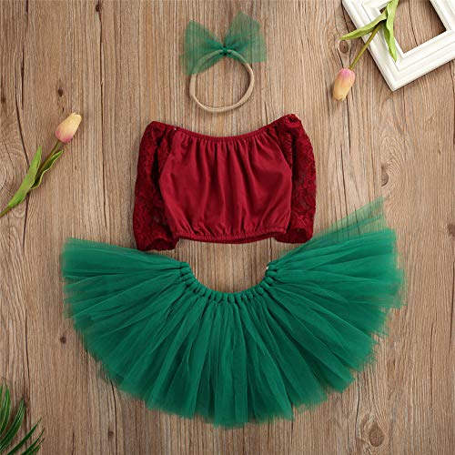 3Pcs Newborn Baby Girl Outfits Clothing Kids Cute Lace Off Shoulder Tube Top+Tulle Tutu Skirt Dress With Headband(Red+Green, 6-9 Months) #TOP2