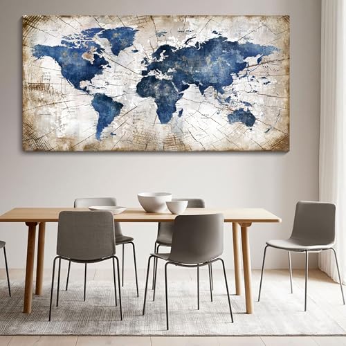 Image of World Map Canvas Wall Art Abstract Navy World Maps for Wall Vintage Modern Wall Art for Office Framed Pictures for Living Room Bedroom Wall Decoration for Home Office Decor Artwork for Walls 29x58IN